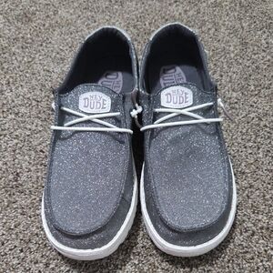 Hey Dude Womens Sparkly Gray Slip Ons